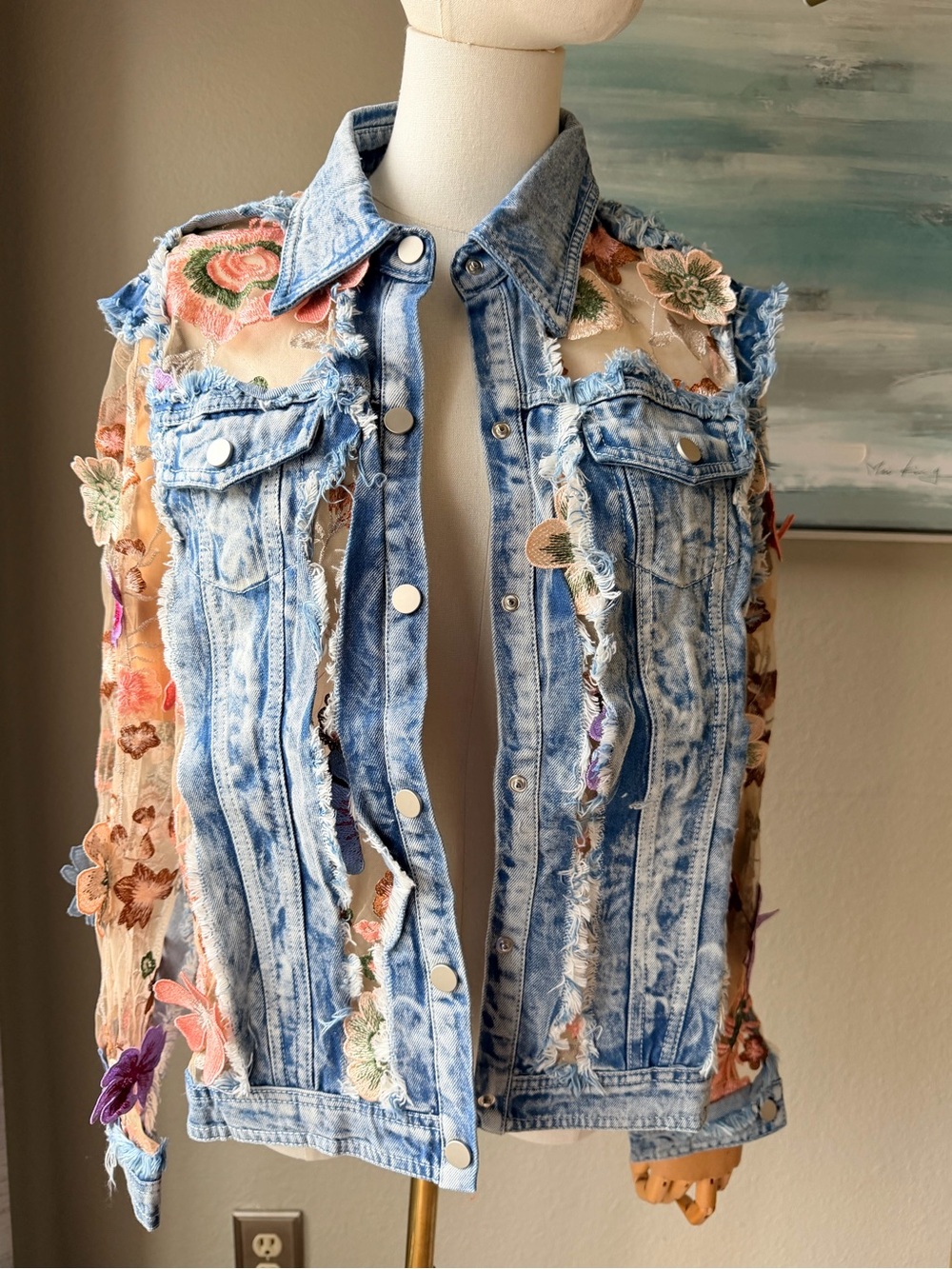 Adore Floral Mesh Denim Jacket 🌸 Statement Embroidered Boutique Jacket - Picture 5 of 14